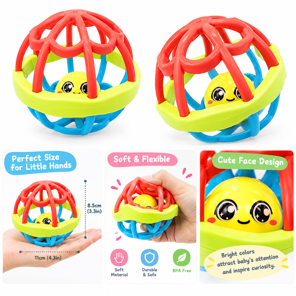 Colorful Baby Rattle Ball Toy – Rolling Sensory & Grasping Toy